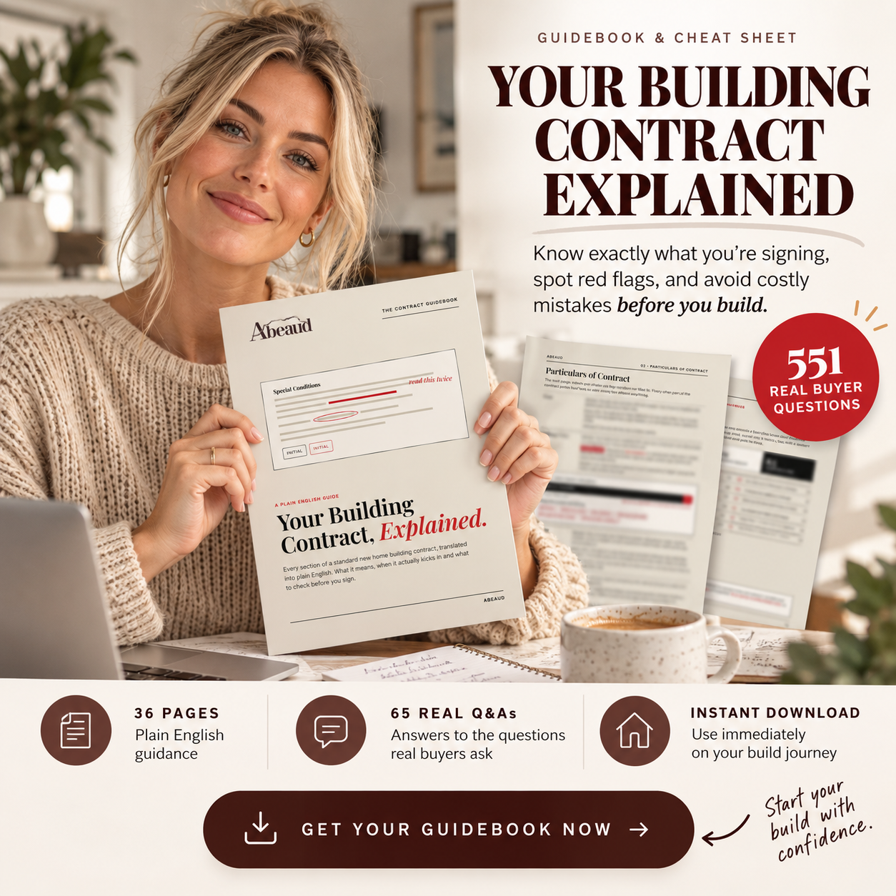 Your Building Contract Explained guidebook by Abeaud, 36 pages and 65 real buyer Q&As, instant download