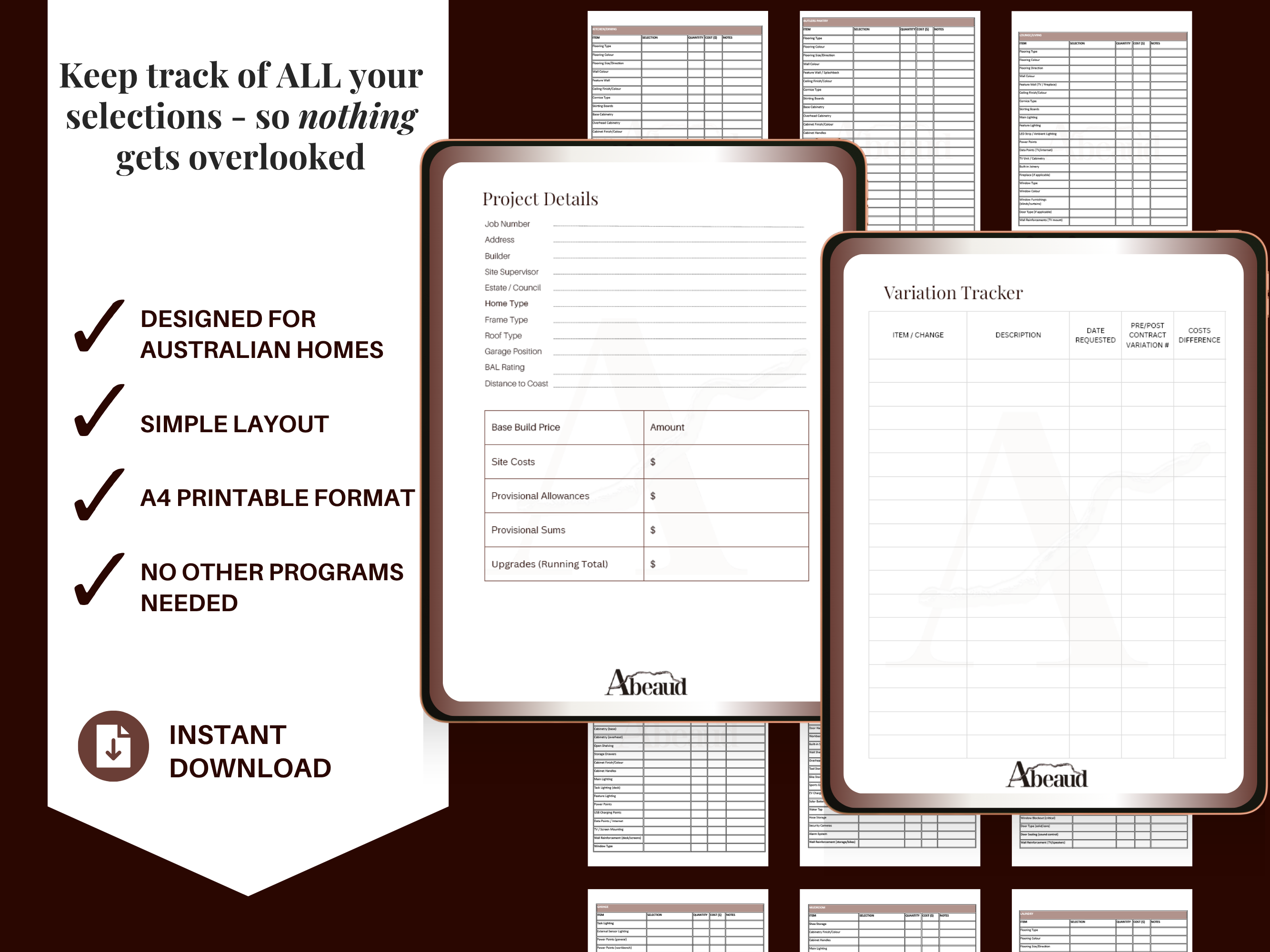 Home Building Selections Planner | Track all selections & variations